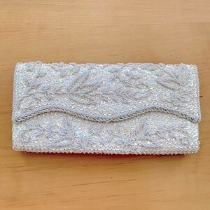 Vintage Ivory Beaded Sequin Satin Clutch Handbag Purse Bridal